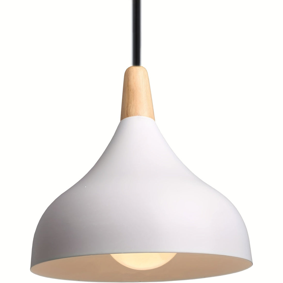 Teardrop Metal Pendant Light with Wood Accent – White