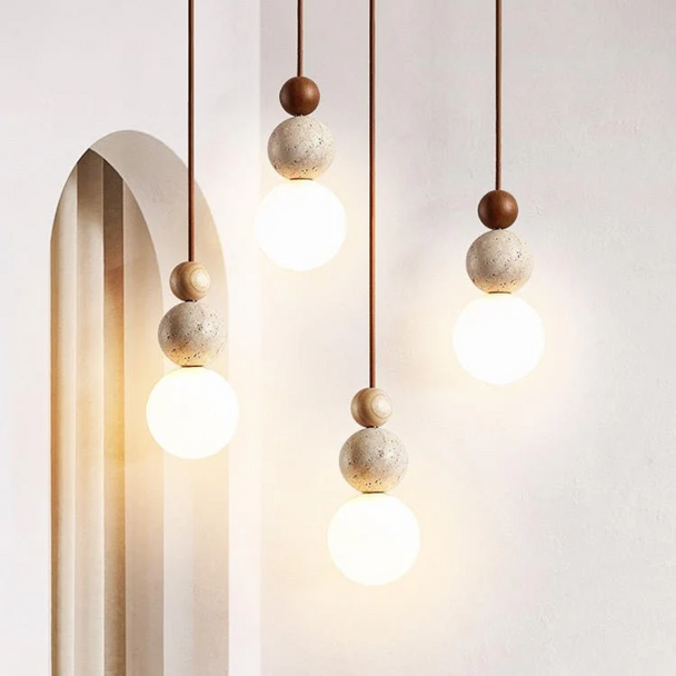 Travertine, Wood and Glass Pendant Light