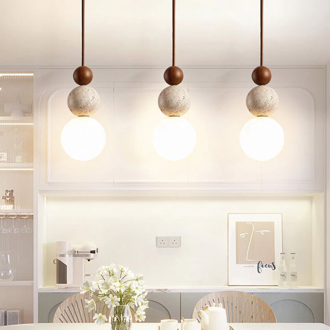 Travertine, Wood and Glass Pendant Light – Walnut