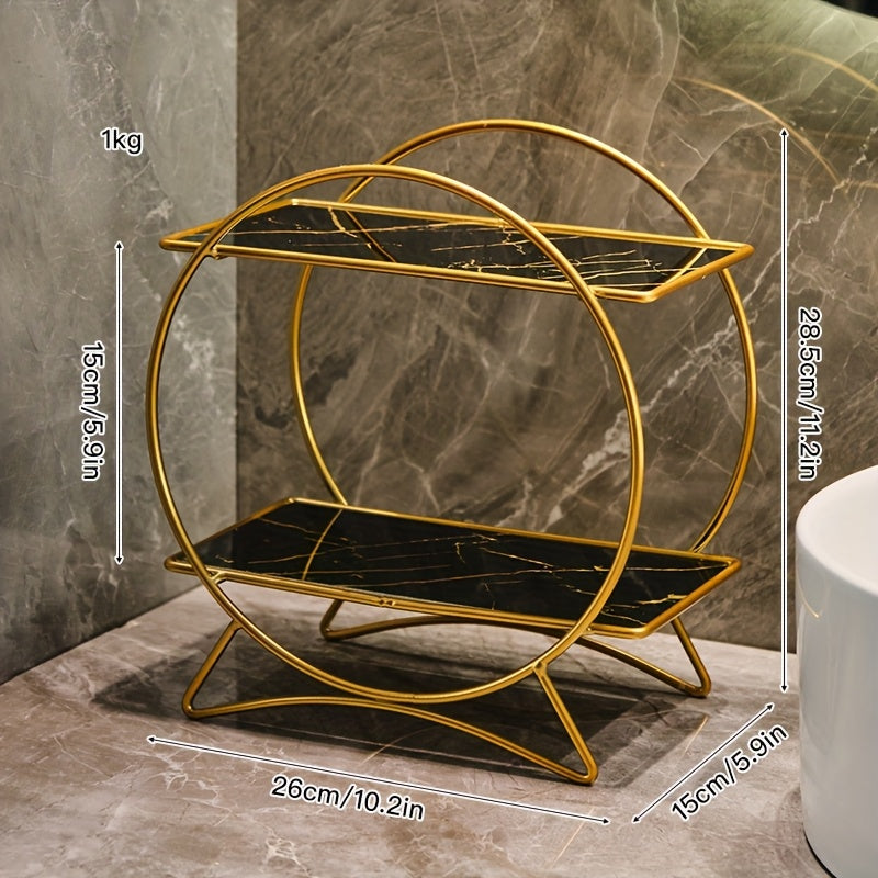 Two-Tier Metal Bathroom Organiser – Gold & Black