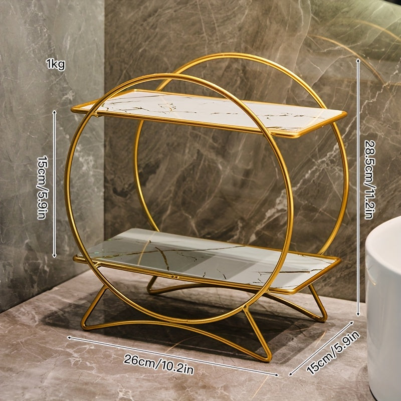 Two-Tier Metal Bathroom Organiser – Gold & White