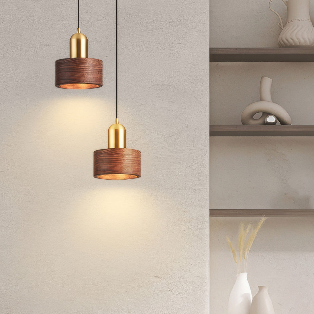Walnut and Brass Cylinder Pendant Light