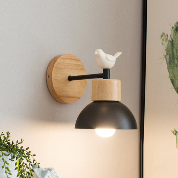 Wooden Wall Lamp with Ceramic Bird – Black